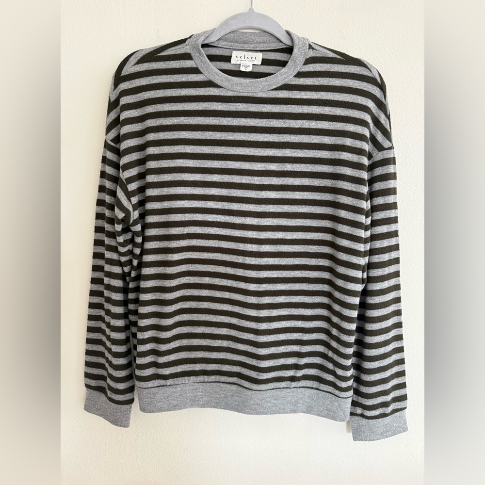 Velvet Gray and Brown Striped Crewneck Long Sleeve Shirt